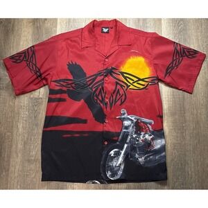 Vintage American Biker Men L Red Button Shirt Motorcycle Eagle Tribal